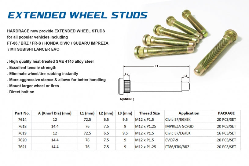 Hardrace Extended Wheel Studs - 20 pcs/set
